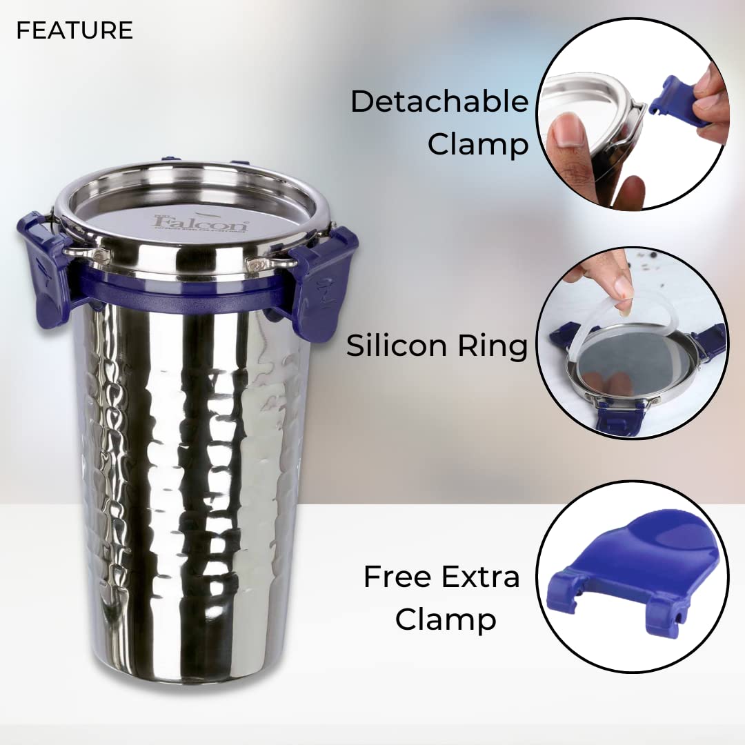 PDDFALCON EcoNxt Stainless Steel Tumbler/Glass Set with All-Steel Lid, Extra Clamp,Zero Plastic Contact,100% Leakproof BIS Certified,Jindal Seal & Made In India Ideal for Office, Gym, Travel (450ml H) 1