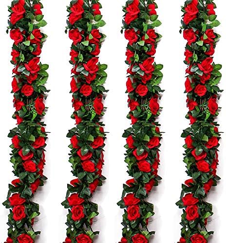 Musdoney 4 Pack 32.2 FT Fake Rose Vine Flowers Plants Artificial Flower Hanging Rose Ivy Home Hotel Office Wedding Party Garden Craft Art Decor (Red)