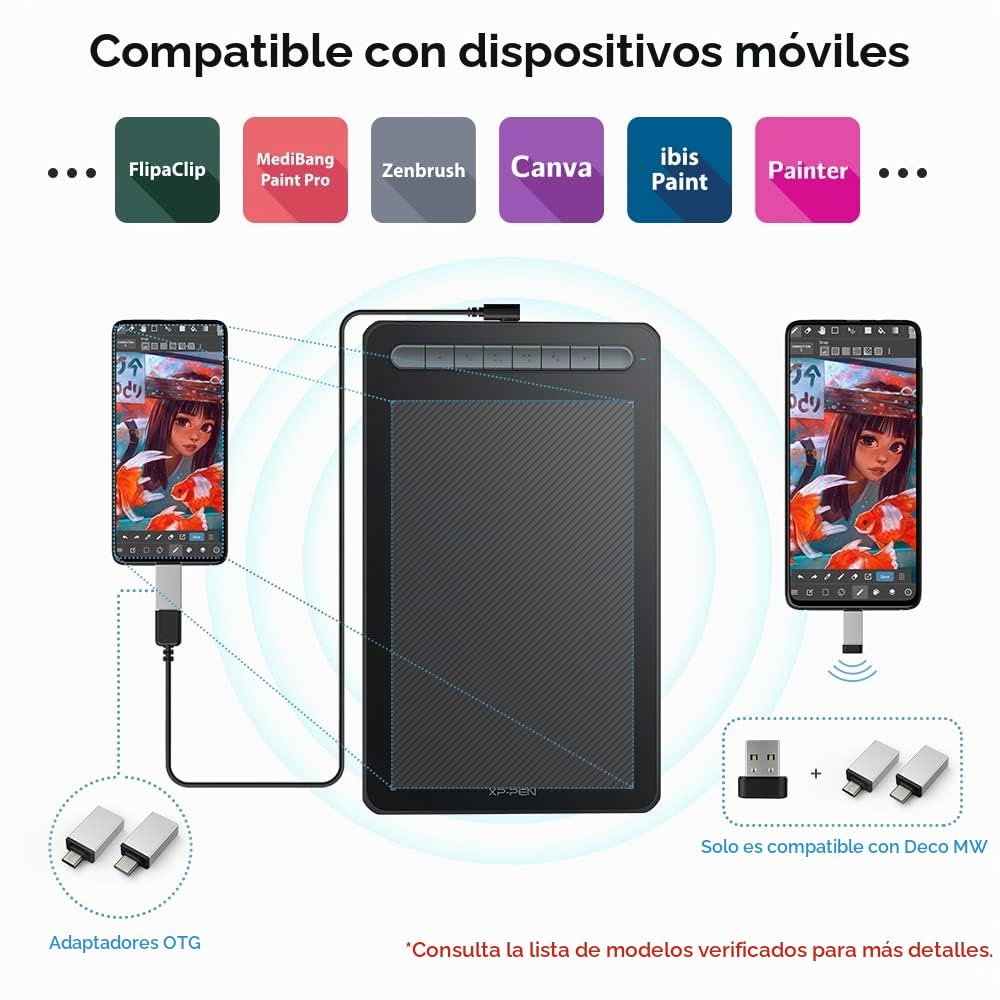 XPPen Deco MW Tableta Gráfica Dibujo Digital Inalámbrica con Bluetooth 5.0 | 8x5 Pulgadas, Tableta Digitalizadora Portátil Compatible con Mac, Windows, Chromebook, Android, iOS, Negro