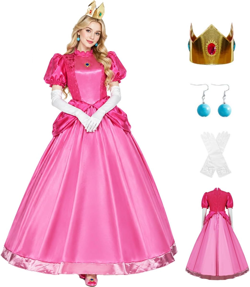 Princess Dress for Women Halloween Princess Cosplay Costume Crown Earrings Gloves Set Adult Fancy Dress Suit