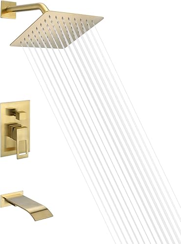sumerain Juego de grifo de ducha y bañera de montaje en pared, dorado cepillado con cabezal de ducha de 8 pulgadas, boquilla de bañera en cascada y