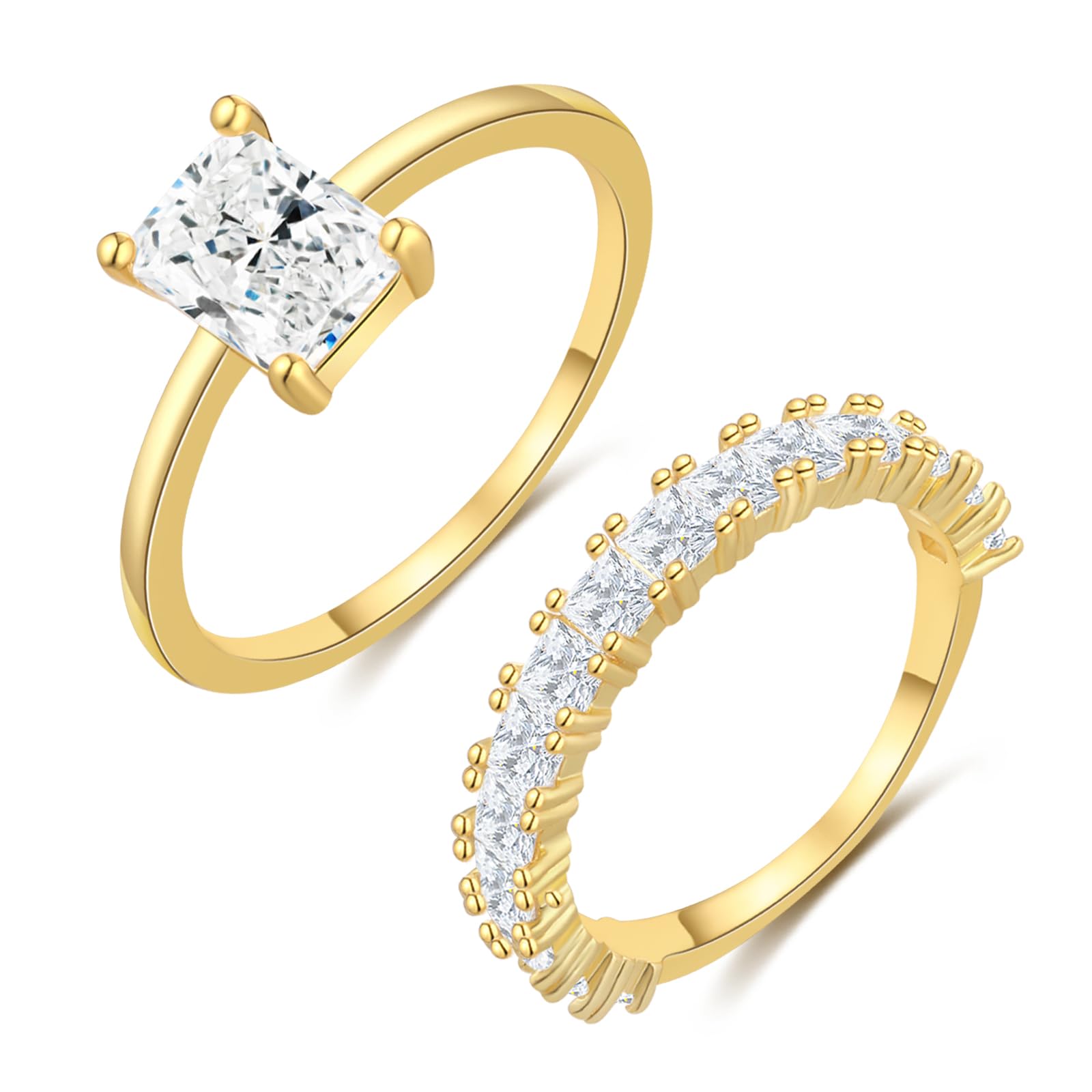 FUNEIACubic Zirconia Gold Rings for Women Non Tarnish Trendy Dainty 14K Gold Plated Stackable Princess Cut Fake Engagement Ring Set Diamond Wedding Promise Rings for Her Jewelry Size 6 7 8 9 10 11