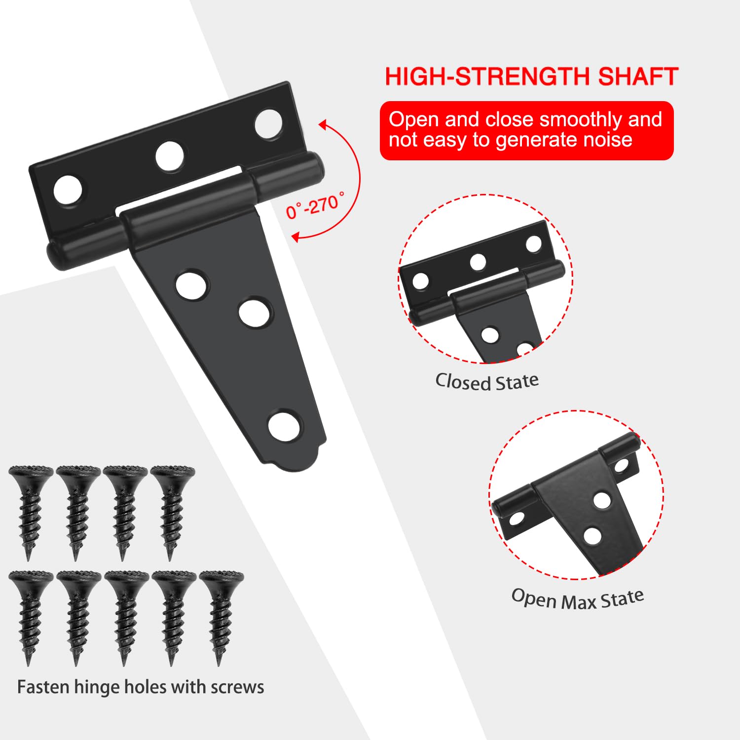 YIXISI 4 PCS 2 inch T-Strap Hinges, Heavy Duty Strap Tee Hinge, Metal Gate Strap Hinge with 24 PCS Screws, for Gates Shed Doors Windows Fence Garden Storage Rooms, Black - Image 3