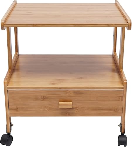 RIQUIPAI Soporte de impresora de escritorio de 2 capas, soporte portátil de bambú, mesa auxiliar de madera con cajón de almacenamiento, fuerte