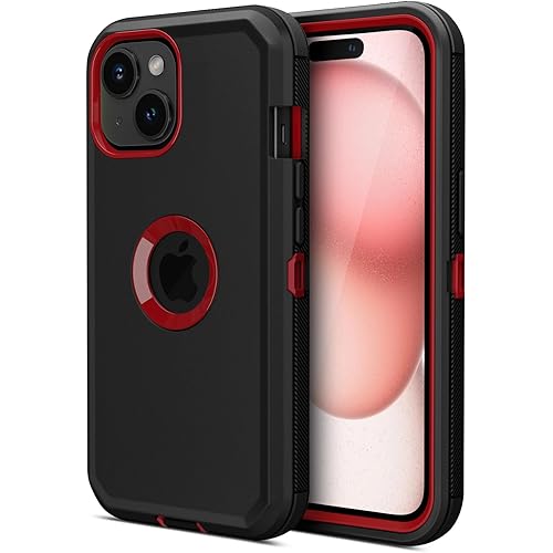Jiunai for iPhone 15 Case, Heavy Duty Drop Protection Screenless Dual Layer Shockproof Rugged Tough Bumper Dust Proof Phone Case Compatible with iPhone 15 6.1 inches 2023 Released - Black Red