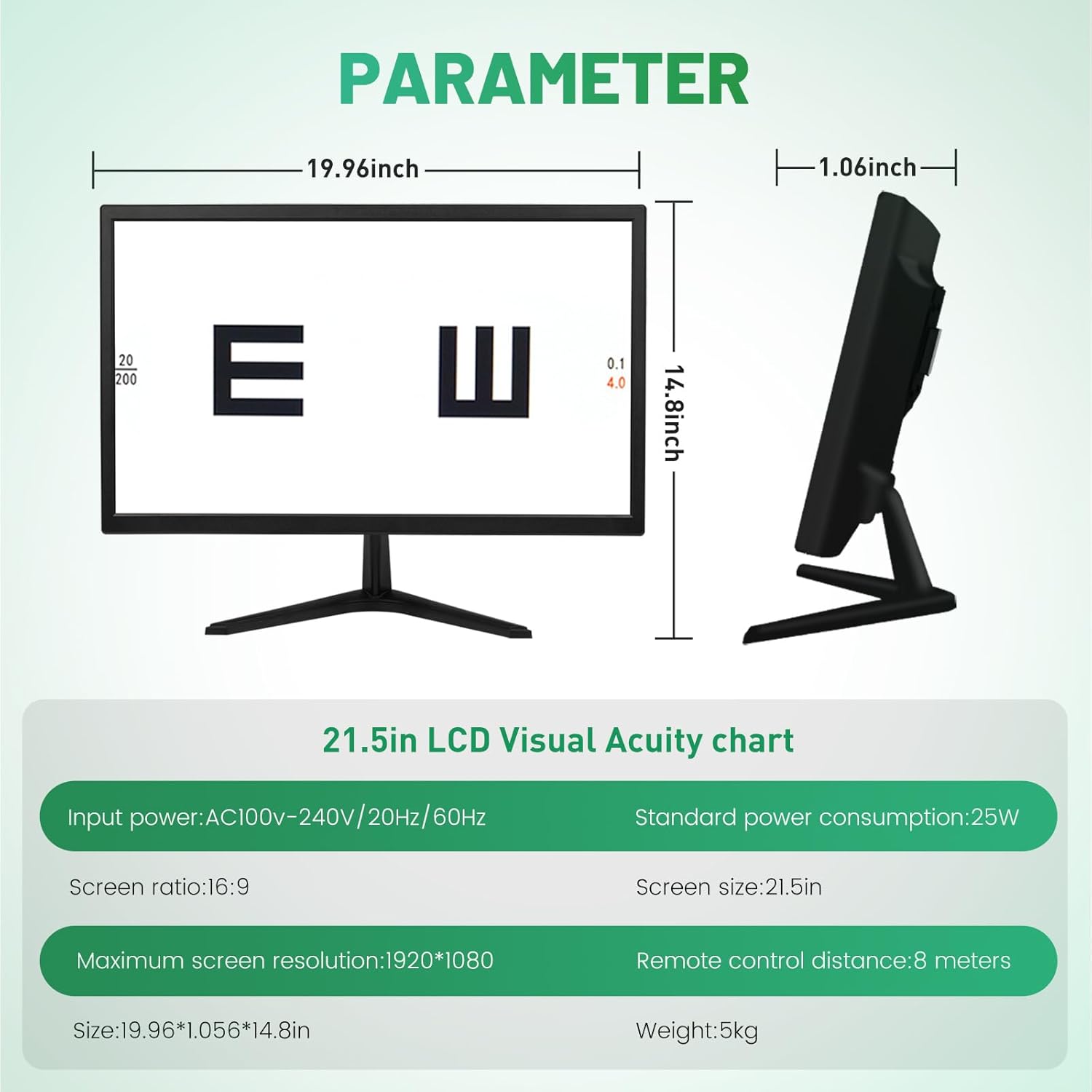 Detailed diagram of the remote control for the vision tester, labeling various buttons and their functions.