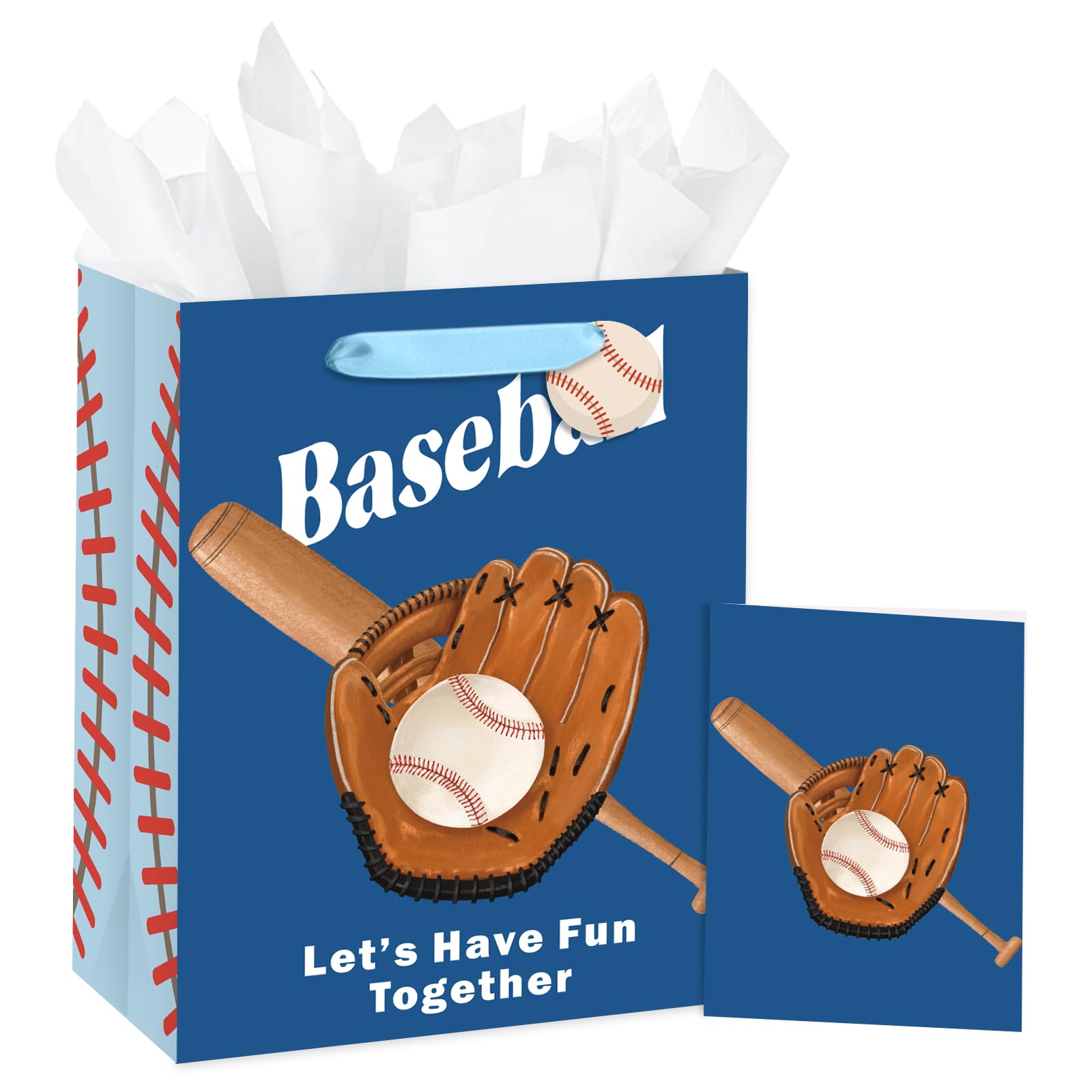 Loveinside Baseball Gift Bag for Kids Boys, Sports Theme Gift Bag with Glove, Bat & Ball Design, Medium Size with Tissue Paper, Tag, Card for Birthday, Party, Team Event, 10" x 5" x 13", 1 Pcs