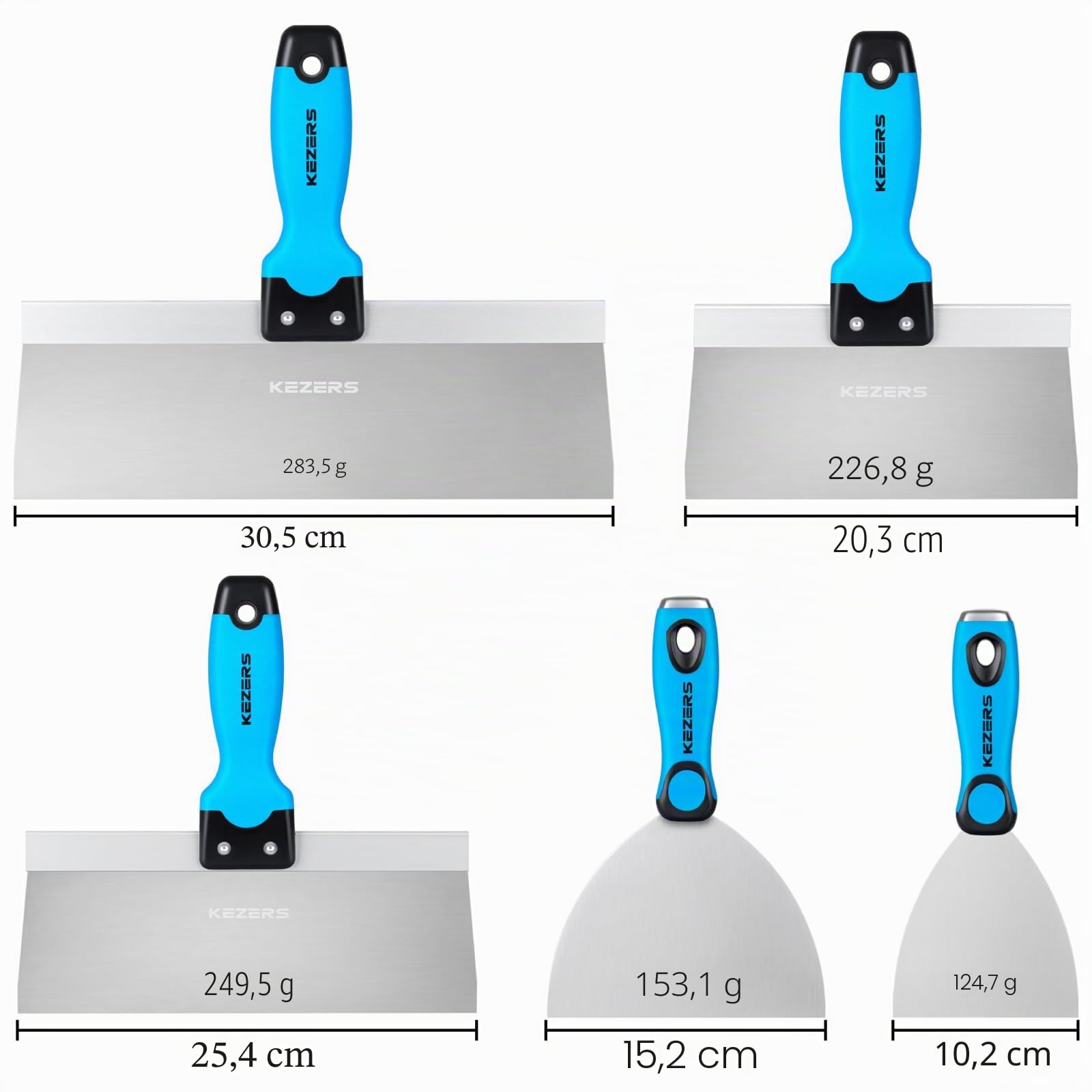 KEZERS Kit di strumenti manuali per cartongesso, 5 pezzi 10,2 cm 15,2 cm 20,3 cm 25,4 cm 30,5 cm Coltello per cartongesso in acciaio inossidabile con estremità martello in metallo, include spatola per