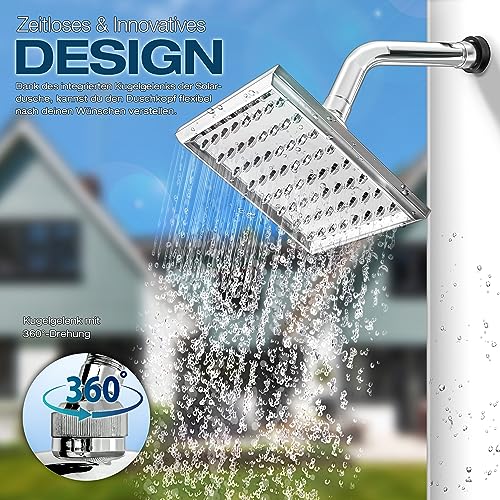 tillvex Solardusche 40 Liter inkl. Schutzhaube | Solar Garten-dusche warmes Wasser | Pooldusche Camping | ohne Stromanschluss | mit Wasserhahn und Regenduschkopf | Gartenschlauch-Anschluss