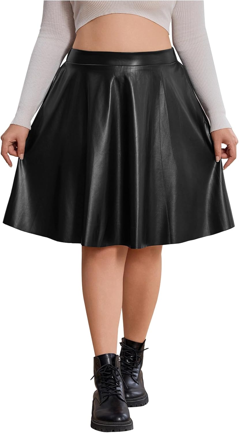 WDIRARA Women's Plus Size High Waist PU Leather Skirt Knee Length Flared A Line Skirt