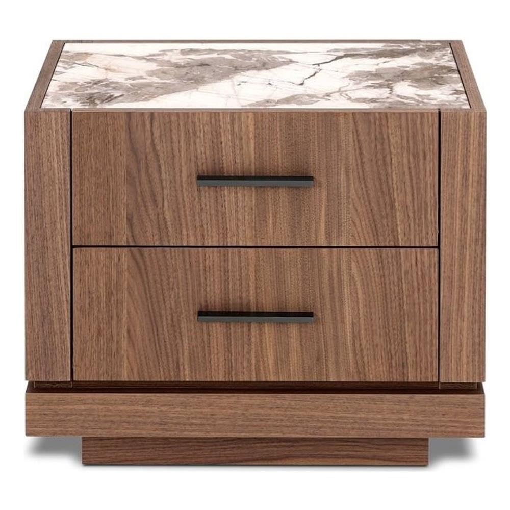 Limari HomeBakus Collection Modern Veneer Finished 2-Drawer Nightstand with 3-D Painted Tempered Glass Top, Walnut