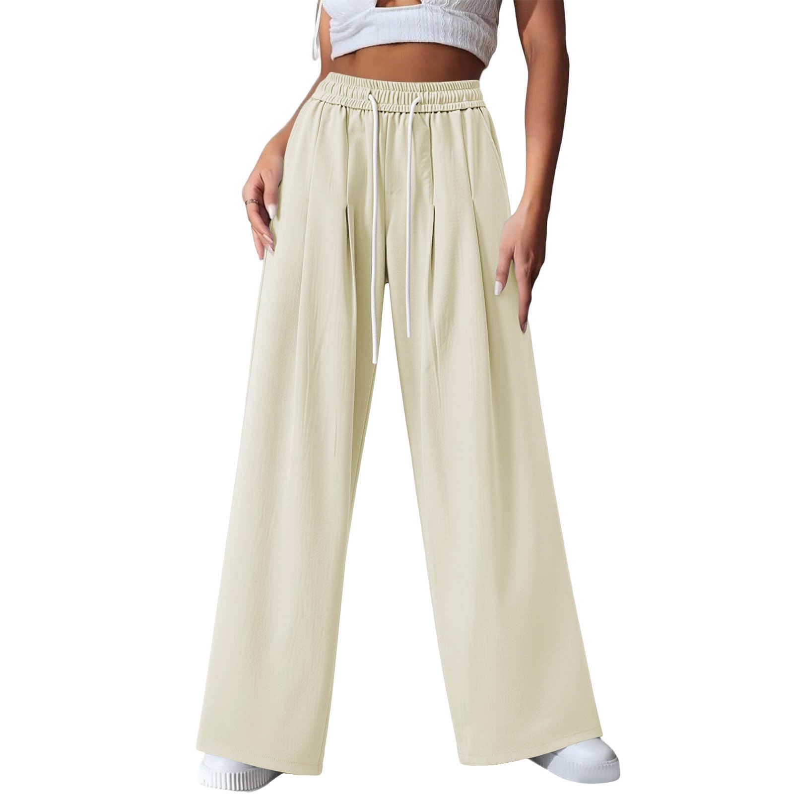 Pantalon Femme Casual Décontracté Avec Poches Jambe Large Pour Vacances | Pantalon Lounge Femme Élégant Coupe Ample Avec Cordon Réglable Et Taille Souple Pour La Maison Vacances Voyage