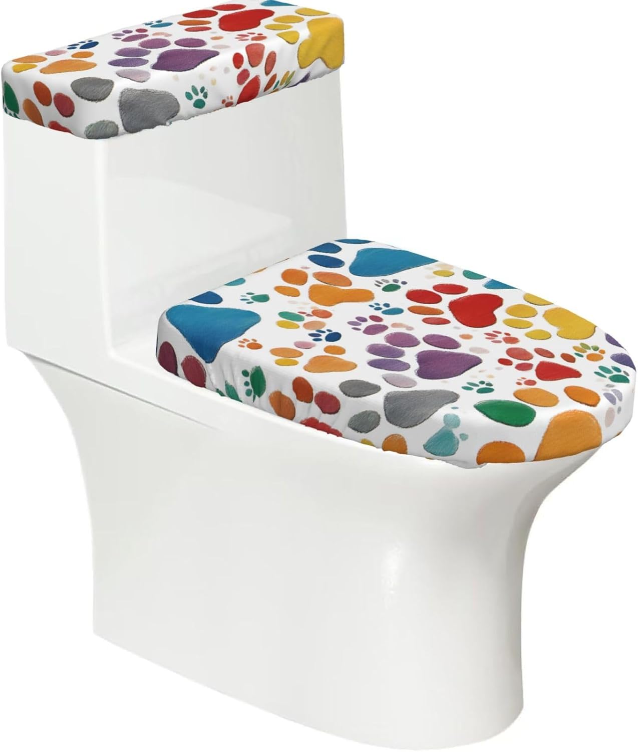 2 Pcs Paw Prints Art 1 Print Toilet Lid Cover And Toilet Tank Lid Cover Set, Soft Stretchable Bathroom Covers, Fits Round And Elongated Toilet Seats, Washable And Decorative