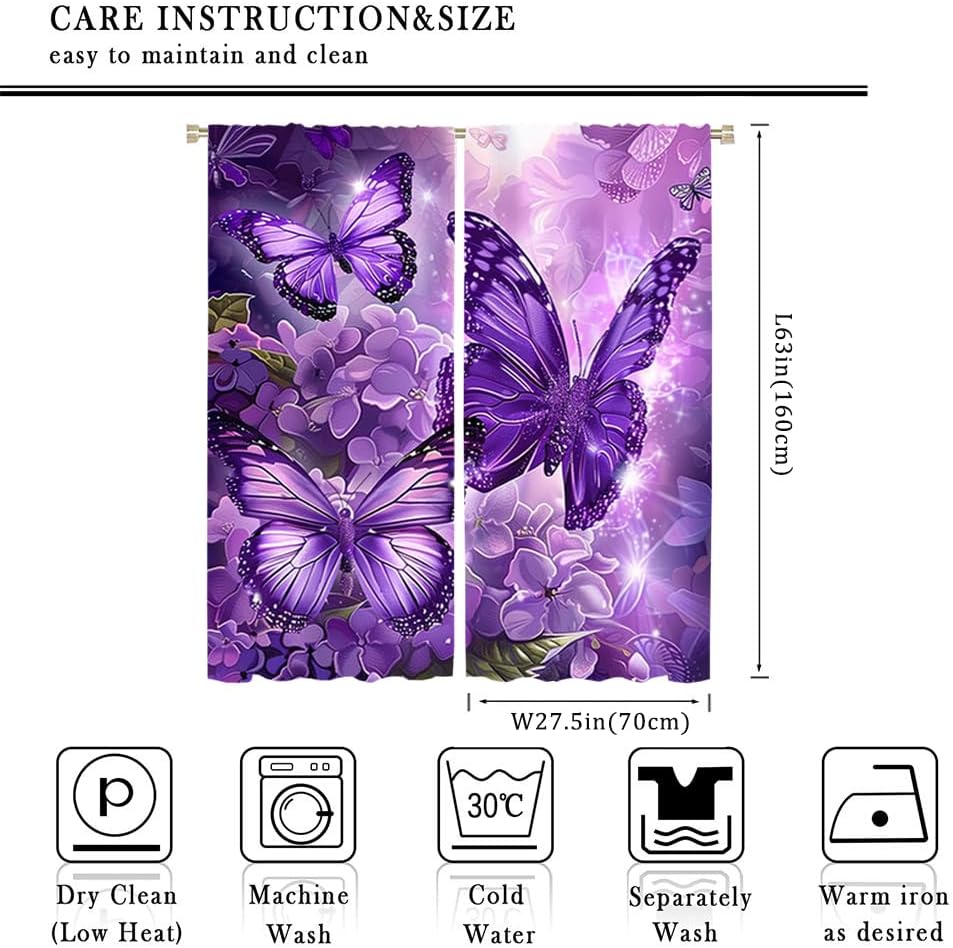 Brebasf Watercolor Purple Butterfly Curtains for Bedroom,Watercolor Purple Butterfly Thermal Insulated Room Darkening Rod Pocket Curtains & Drapes for Living Room 2 Panels 63" L x 27.5" W