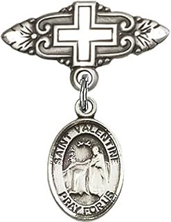 Sterling Silver Baby Badge with St. Valentine of Rome Charm and Badge Pin with Cross 1 X 3/4 inches