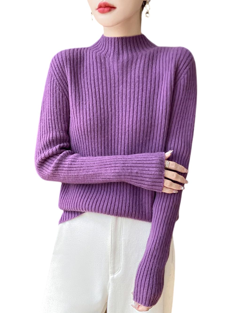 100 Merino Wool Sweaters for Womens Fall Winter Knitted Thick Pullover Long Sleeves Warm High Neck WQ715