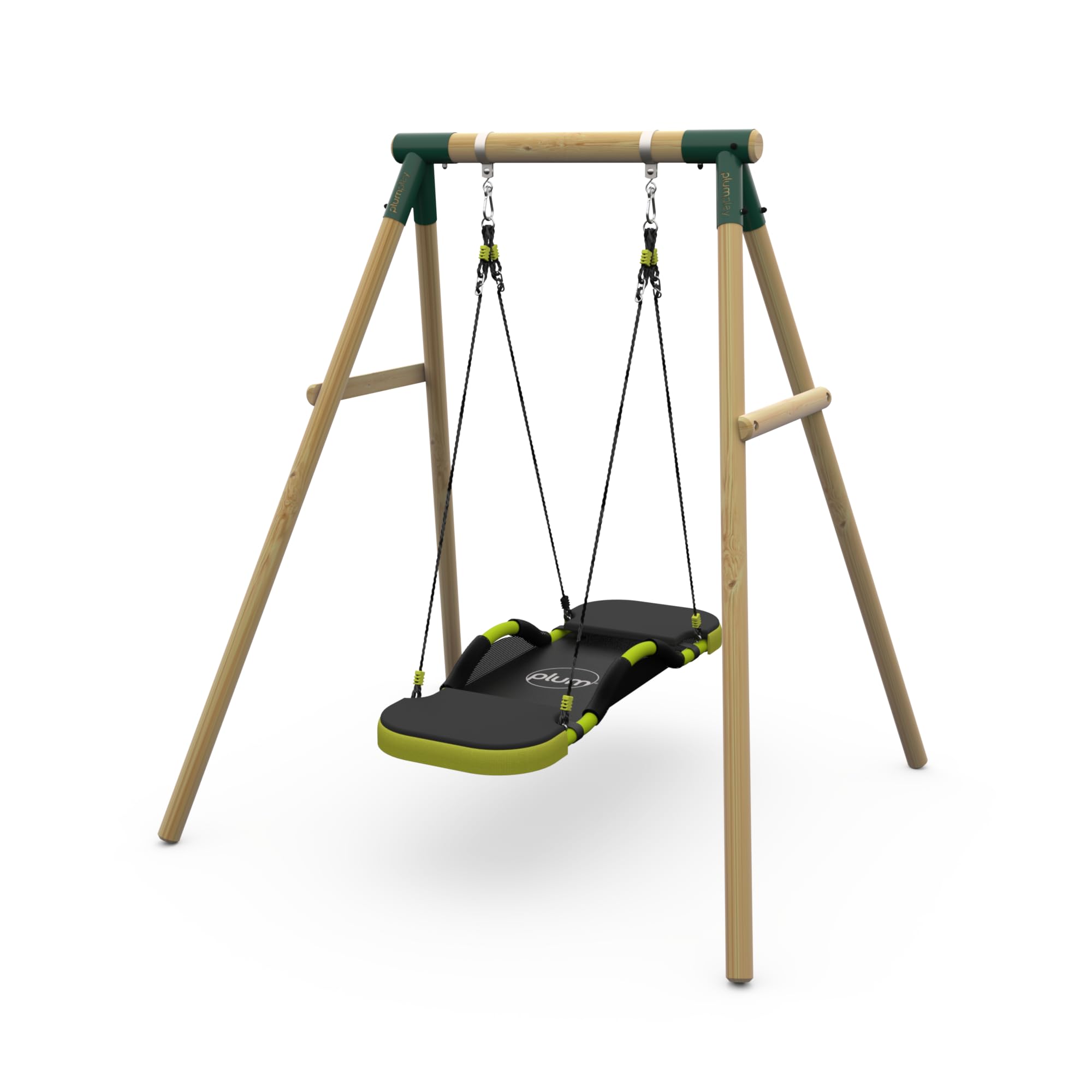 Plum Play Kids Outdoor Wooden Round Pole Garden Swing Set with Ground Anchors- Safe Sturdy A Frame-Up to 50kg user per accessory - Up to 5 year Warranty (Green Glide Nest)
