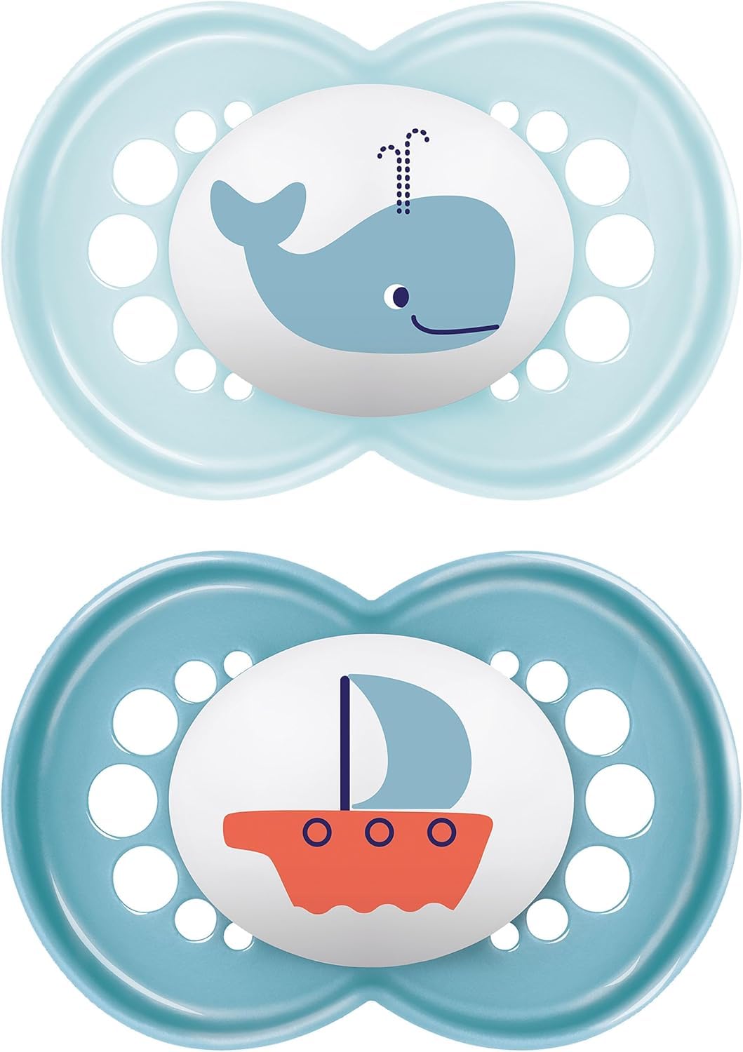 MAM Original Succhietto 16+ Mesi (Set da 2), Ciuccio MAM 16 36 mesi silicone con tettarella ortodontica, Kit da 2 accessori neonato con pratico porta ciuccio sterilizzatore, Azzurro/Blu