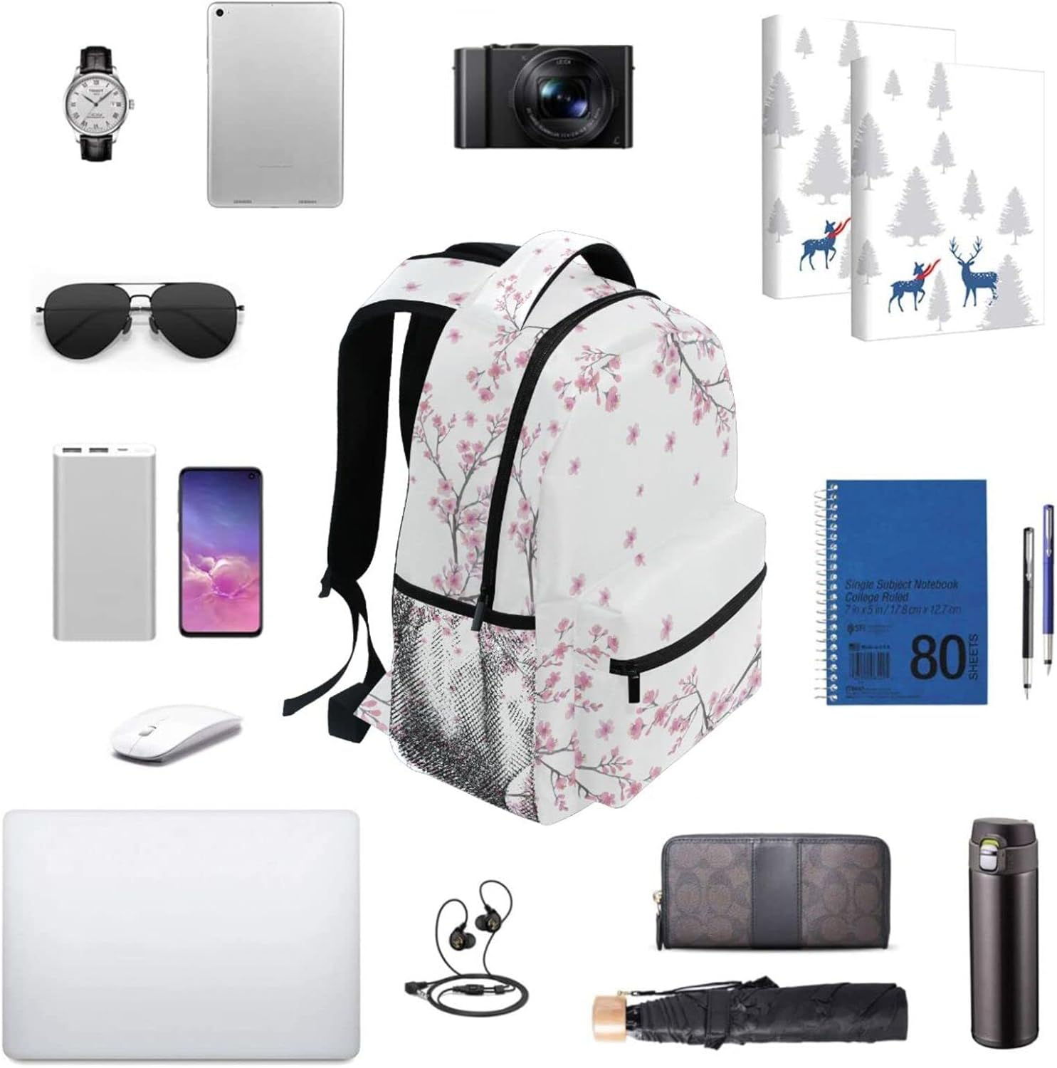 QUGRL Spring Cherry Blossom School Backpack for Girls Boys Pink Japanese Watercolor Large Bookbag Laptop Computer Bag Casual Hiking Travel Daypack Backpack Schoolbag for Teens College 16 Inch