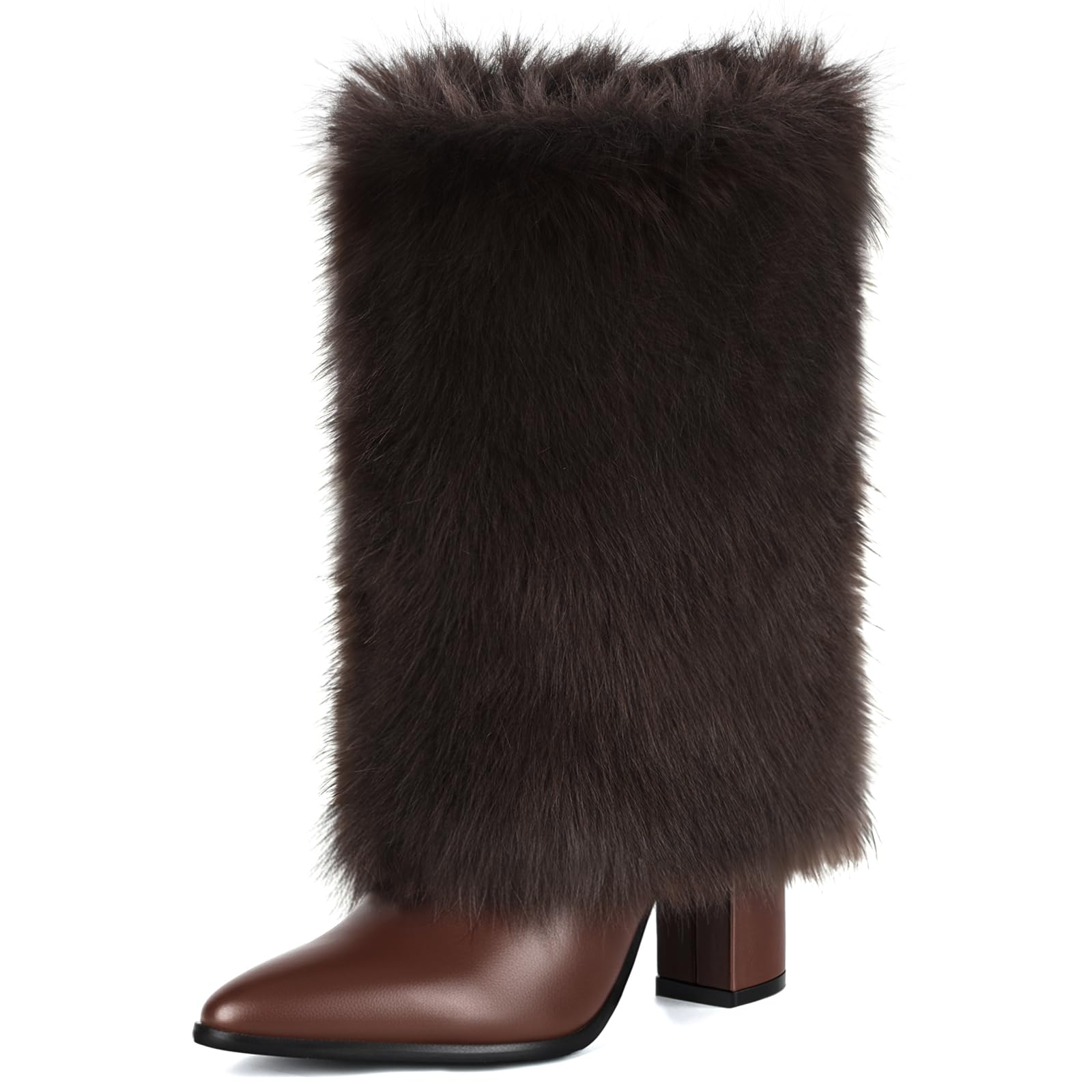 Womens 3 3-inch Chunky Mid Calf Fur Heel Boots Furry Fuzzy Fluffy Pointed Toe Boots for Women Short