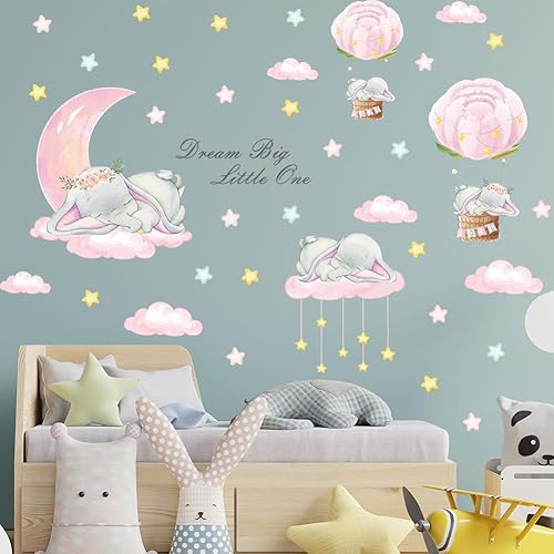 Miniatura 2 de Calcomanías de pared de elefante de bebé de ensueño, decoración de pared para dormitorio de niños y niñas