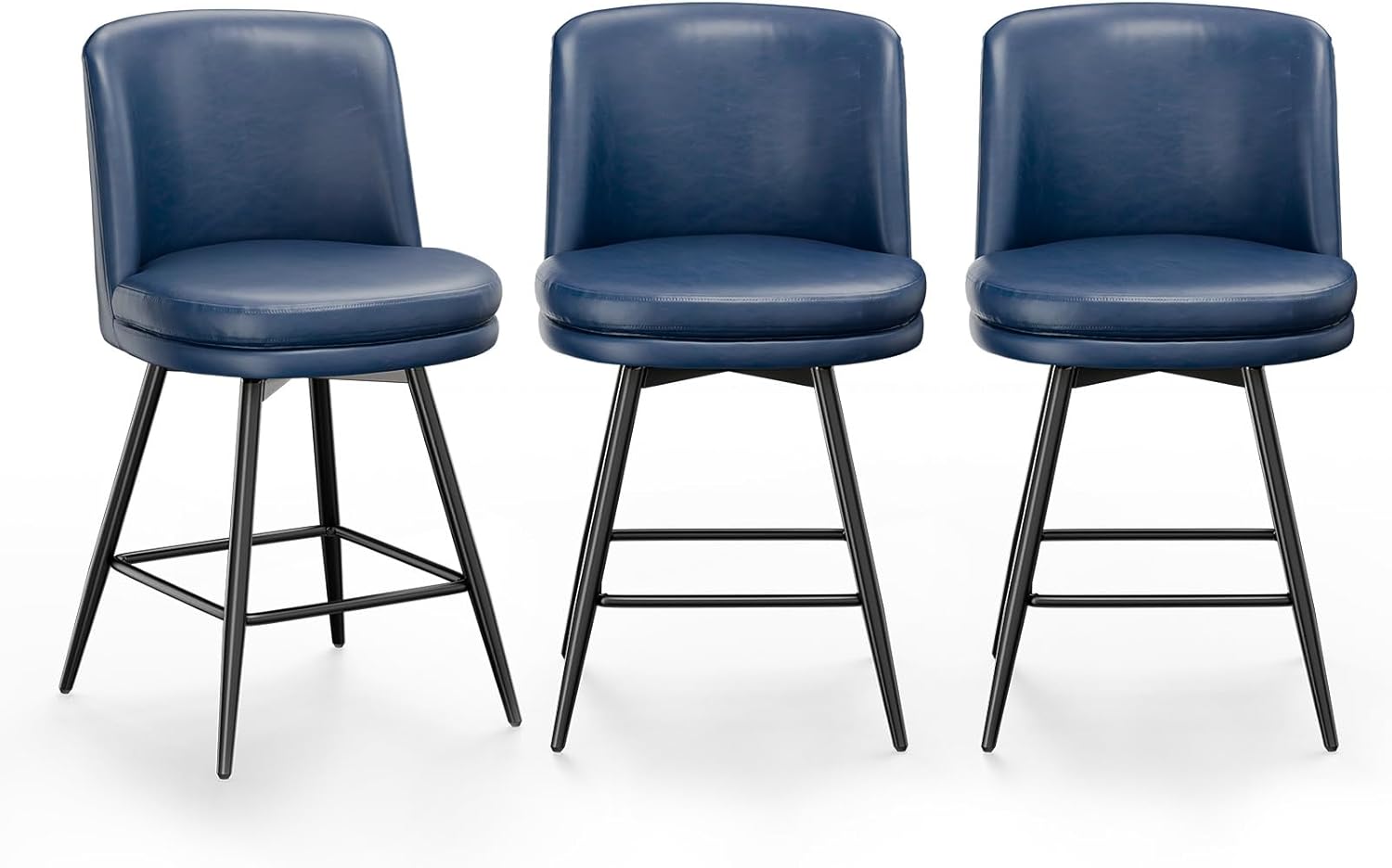 VINGLI 26" H Swivel Barstools Set of 3, PU Faux Leather Upholstered Counter Height Bar Stool with Back, Kitchen High Chairs with Cushion Round Seat, Metal Legs, Dark Blue