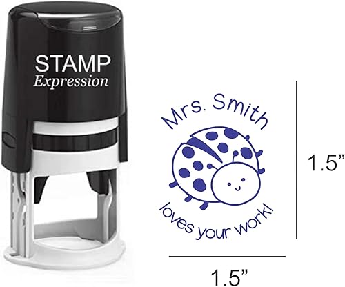 Miniatura 2 de StampExpression - Sello personalizado con texto en inglés "Loves Your Work with Ladybug Teacher" - Sello de goma personalizado con líneas de texto