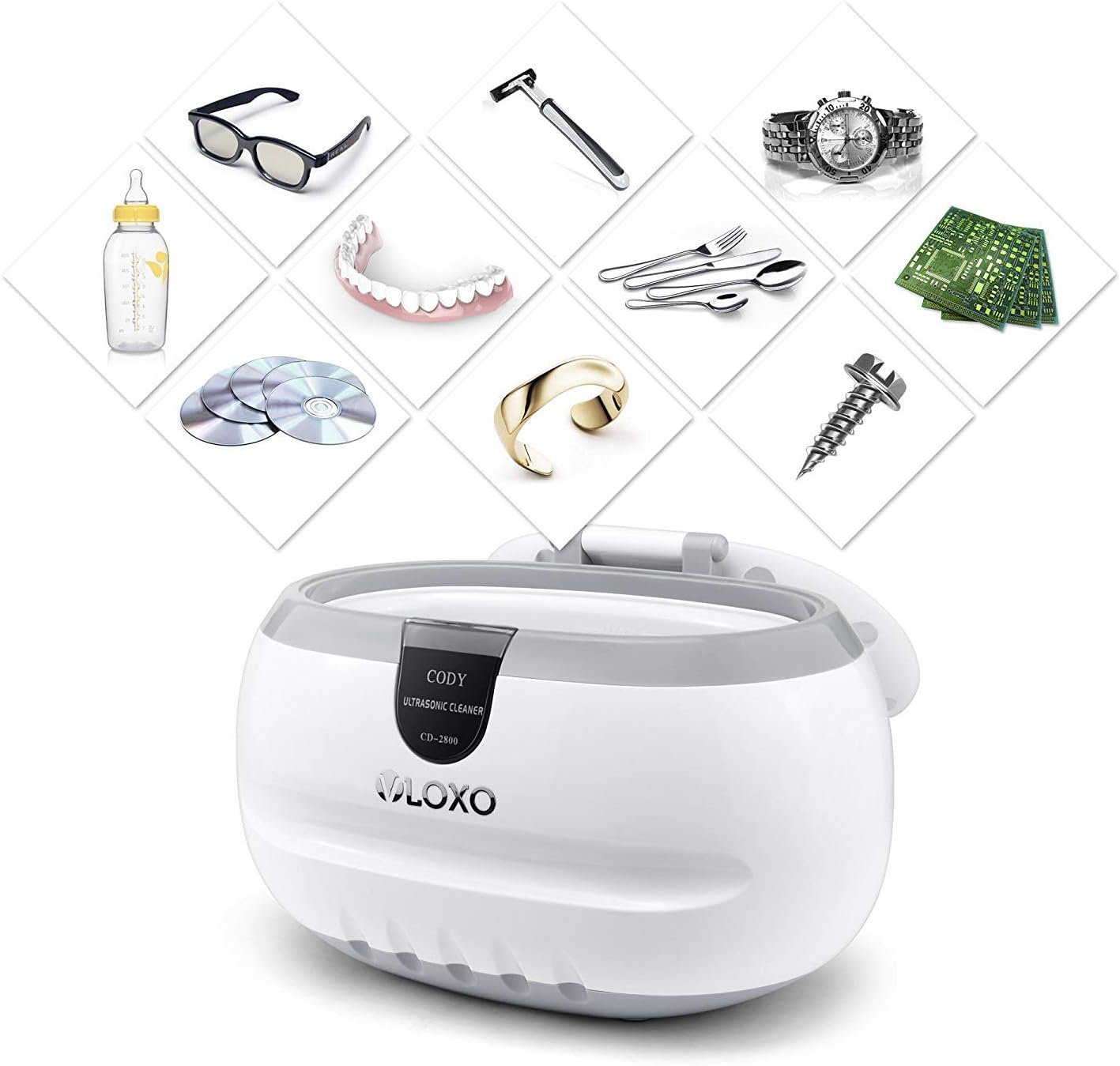 Various items that can be cleaned by the VLOXO CD-2800 Ultrasonic Cleaner