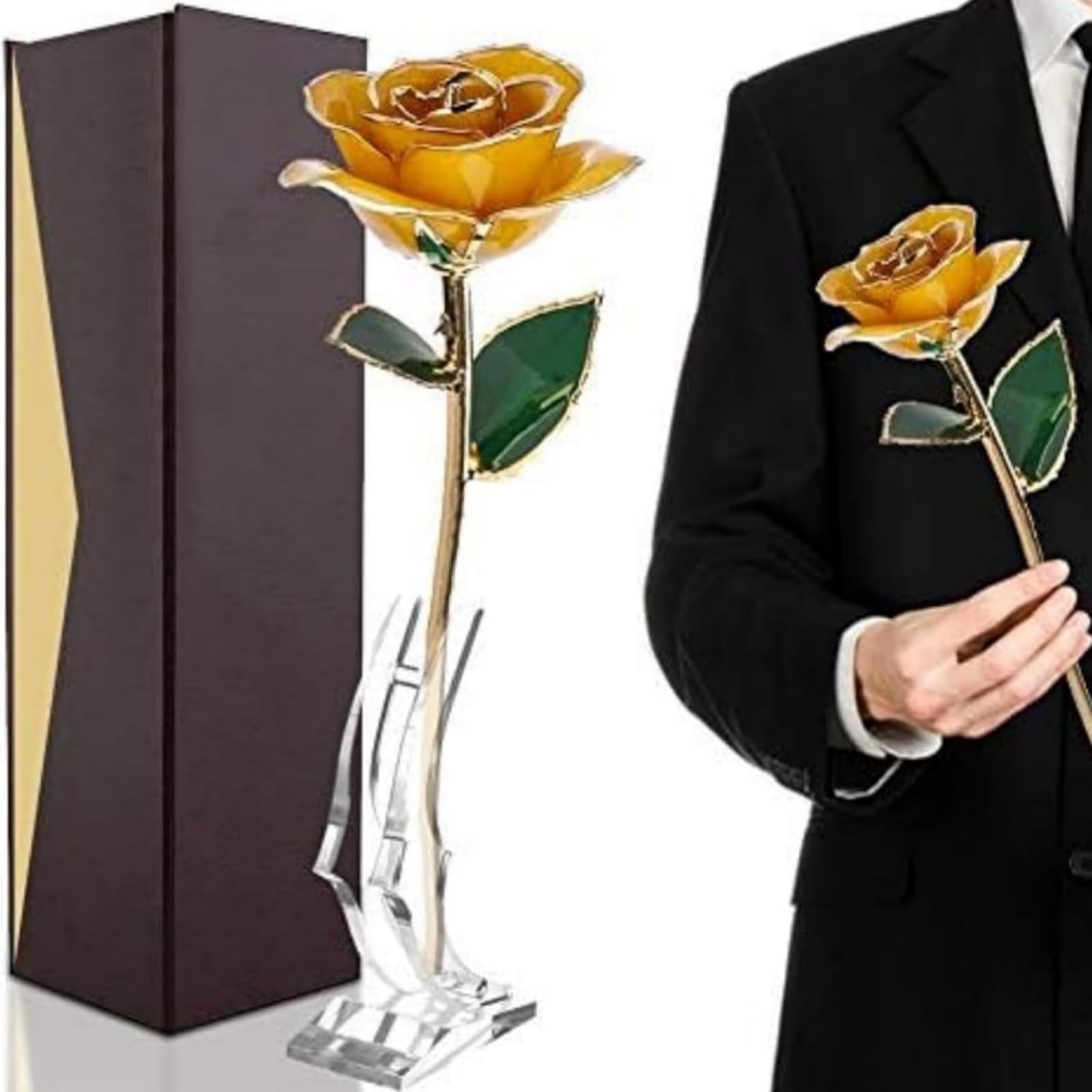 Filfeel Women's Yellow#1 24K Gold Rose With Clear Display Stand, Long Stem Dipped Flower Gift For Her Made Of Fresh Rose, Last Forever Mother's/Thanksgiving/Christmas/Valentine's/Birthdays Party/Graduations/Weddings (Yellow)