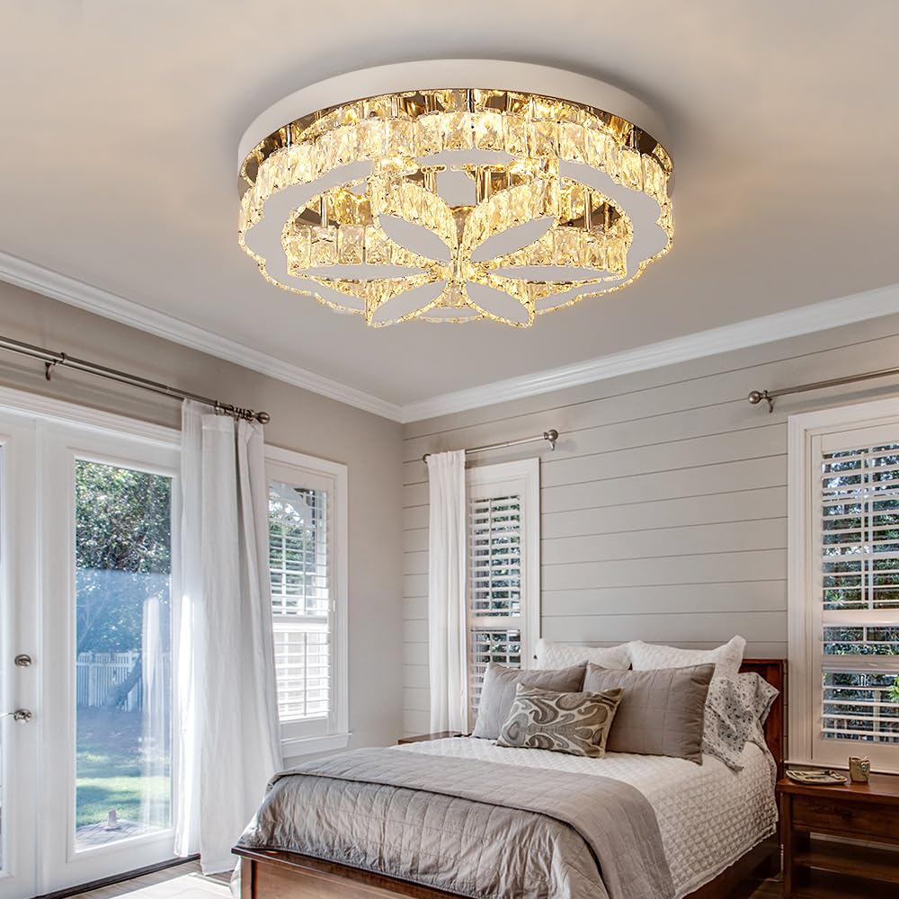 GreeLustr Moderne Kristall Kronleuchter Mit Fernbedienung für Wohnzimmer, Dimmbar Deckenleuchte Kristalle mit Elegantem Design für Schlafzimmer Flur Küche, Silber Deckenlampe Kristall für Decke (50cm)