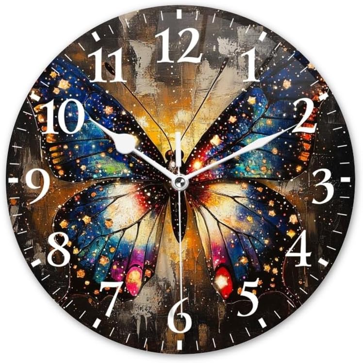 Battery Operated Round Wall Clock Non-Ticking Silent Analog Clcok Decorative for Living Room,Office,Kitchen-Butterfly in A Sparkling Setting(16inch)