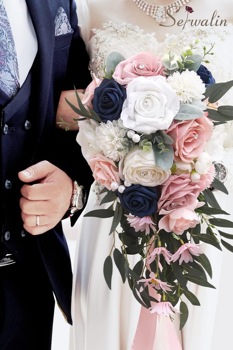 Serwalin 9.8 Inch Wedding Bouquets for Bride Bridesmaid, Pink Blue Rose Bridal Bouquets for Bride, Wedding Flowers Bouquet Tossing Bouquet, Wedding Ceremony and Anniversary Day Decor - Image 2
