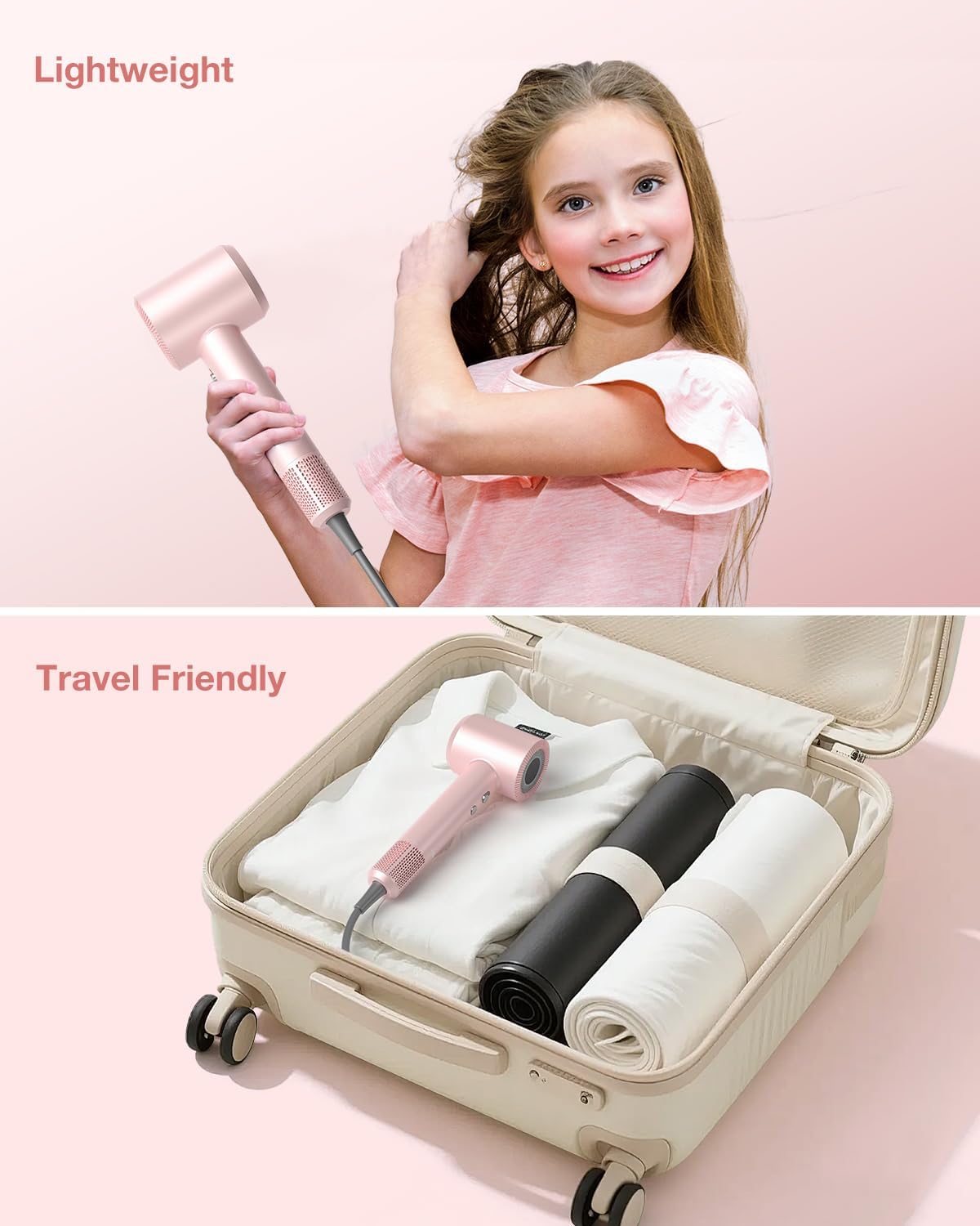 Hair Dryer, High-Speed Ionic Low Noise Blow Dryer with 160000 RPM Motor for Fast Drying, Thermo-Control Portable Hair Blow Dryer with Magnetic Nozzle for Home Travel Salon (P2306F Pink) - Image 9