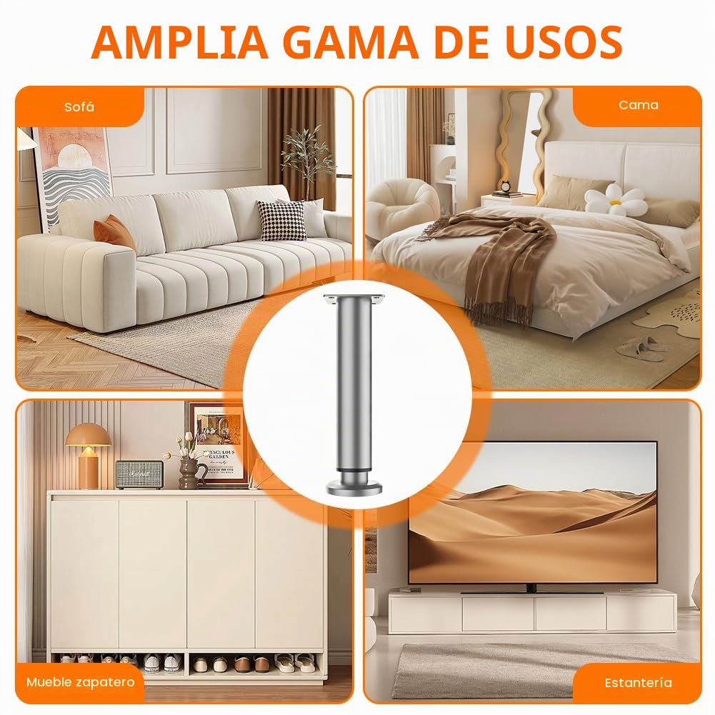 Patas Ajustables para Muebles, 18 – 30 cm, 4 Unidades, Color Gris, Altura Regulable, Patas de Metal, Patas Regulables para Muebles de baño, Patas de Armario, Patas de Mesa, Cómodas, Patas de Cama
