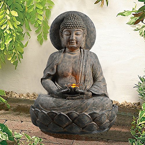 Peaktop 201607Pt Outdoor Indoor Floor Buddha Zen Statue Water Fountain With Led Light And Pump For Patio Garden Backyard Decking, 28", Gray #TOP2