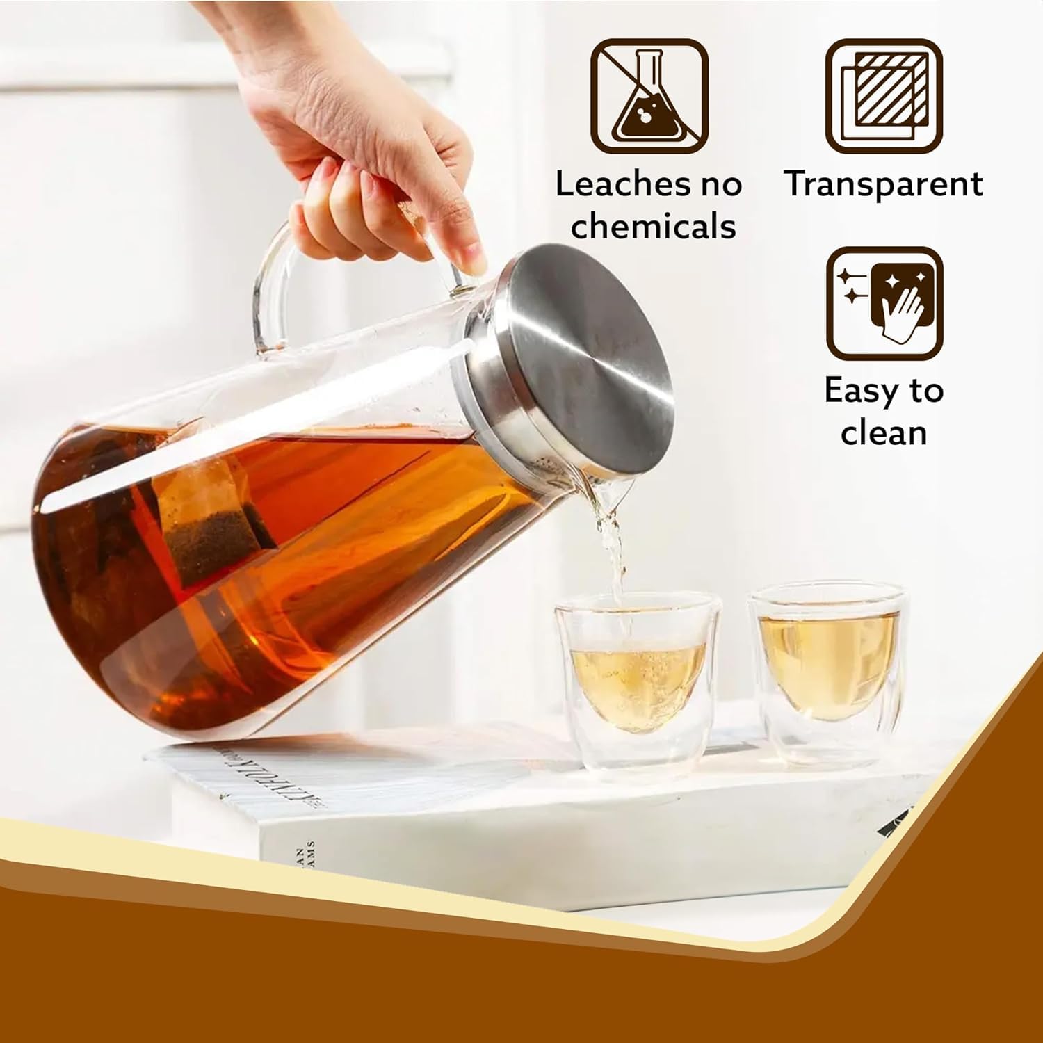 GipiBox® Borosilicate Water Jug 1300 ml, Stainless Steel Air Tight Lid,Iced Tea Pitcher, Water Jug, Hot Cold Water, Milk and Juice Beverage Carafes (1 PCS) 4