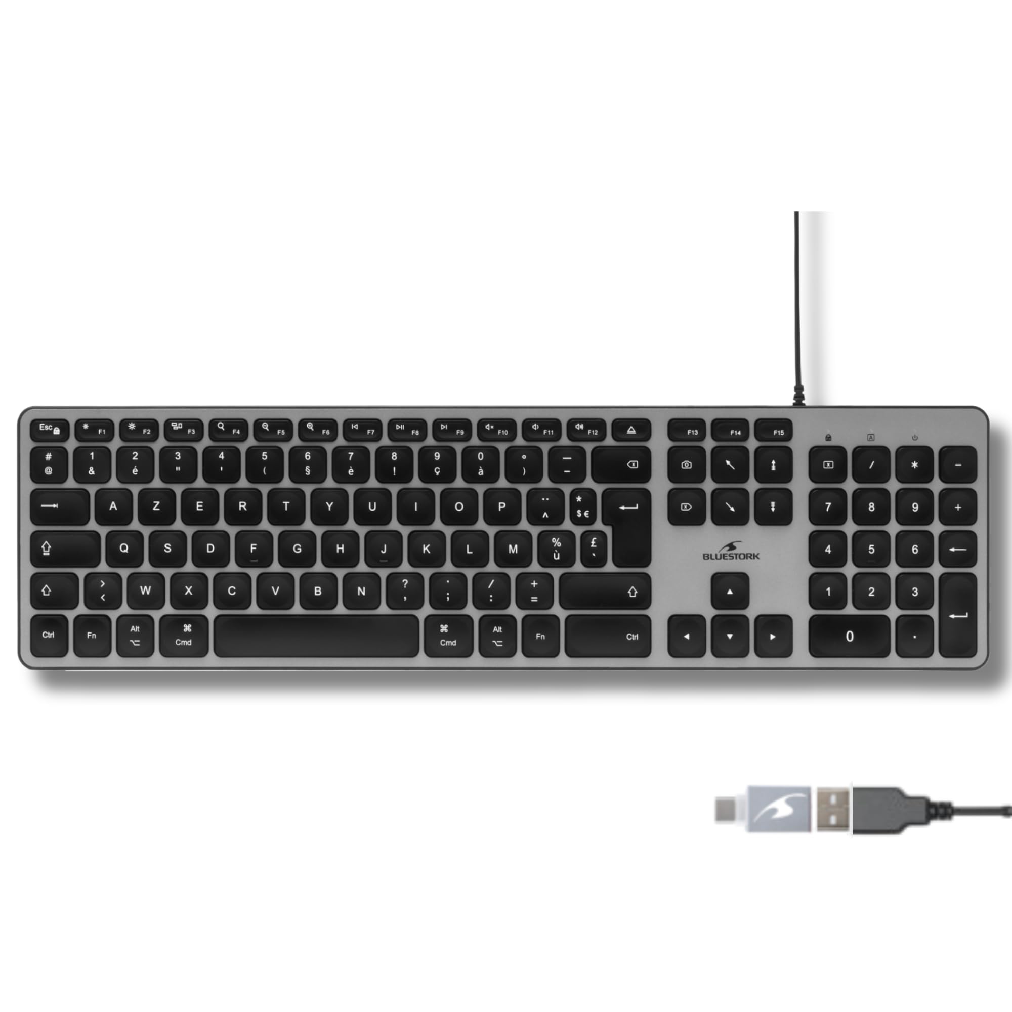 Bluestork French AZERTY Wired Keyboard for Mac - Concave and Silent Keys, 13 Multimedia Shortcuts, USB/USB-C Adapter - Keyboard for Mac and iPad - Black