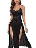 Sexy Split Mesh Lace Floral Sheer Babydoll Lingerie Outfit Dress 2 Piece with Thong Set