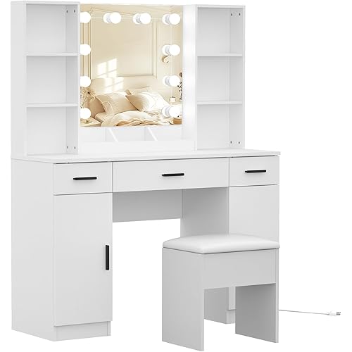 Vanity Desk, Makeup Table with Lights Vanity Set with 3 Drawers, 1 Cabinet & 6 Shelves 3 Lighting Modes Brightness Adjustable Dressing Table with Cushioned Stool for Bedroom, Dressing Room (White)