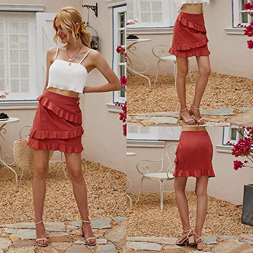 Loijon Moda feminina verão cor sólida saia cintura alta zipper babados casual mini saia vestido