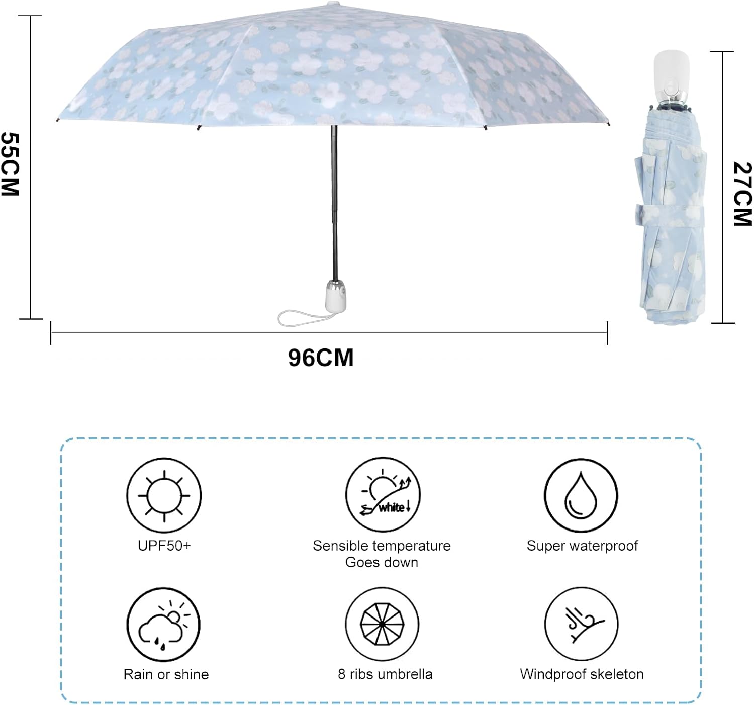 Cuby UV Sun Umbrella Compact Folding Travel Umbrella Auto Open and Close for Windproof, Rainproof & 99.9% UV Protection Parasol with Black Anti-UV Coating (Blue Jasmine) - Image 7