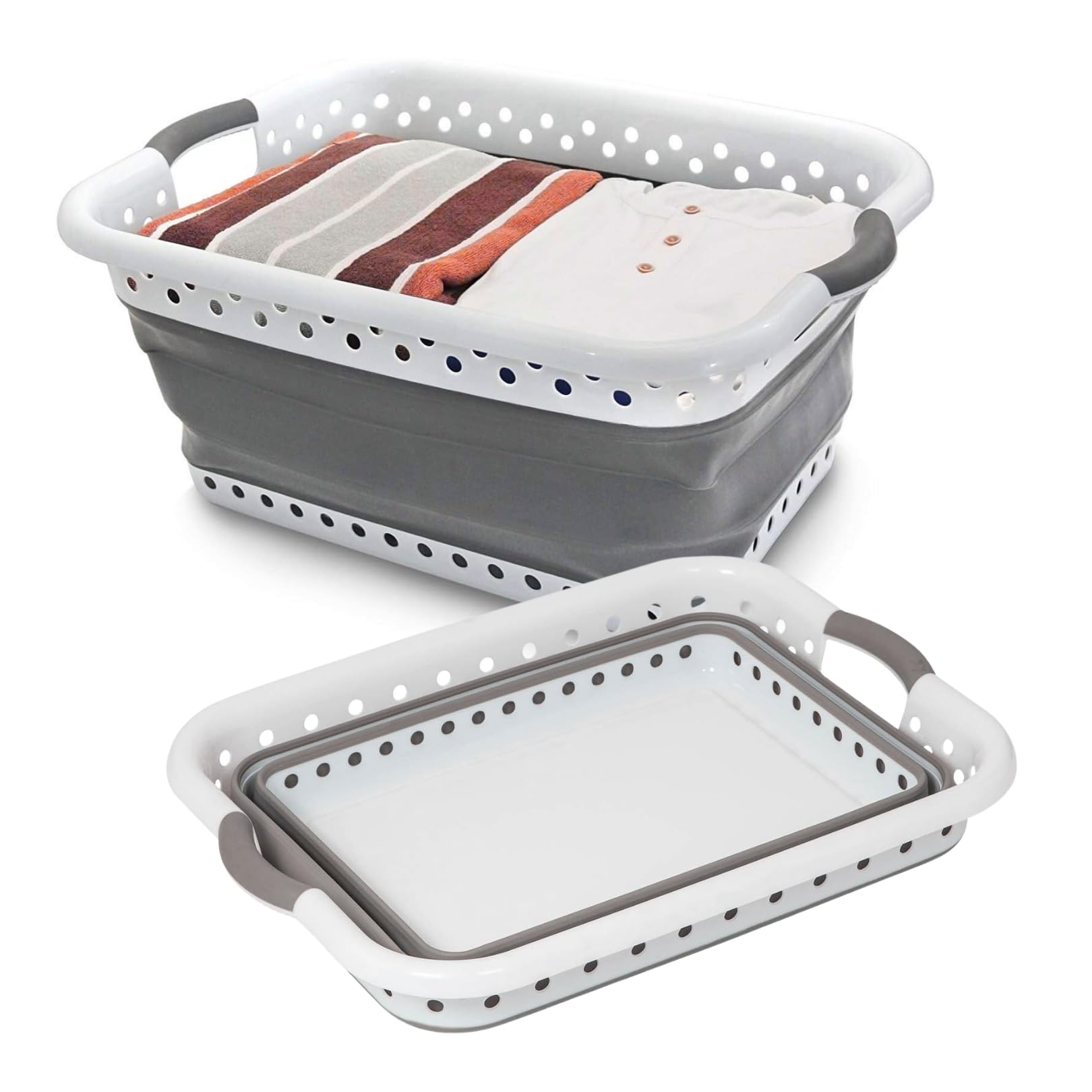 Garden Mile® Collapsible Compact Pop Up Washing Basket. Plastic & Silicone. Large, sturdy folding basket for your dirty laundry. Neat, tidy space saving storage basket