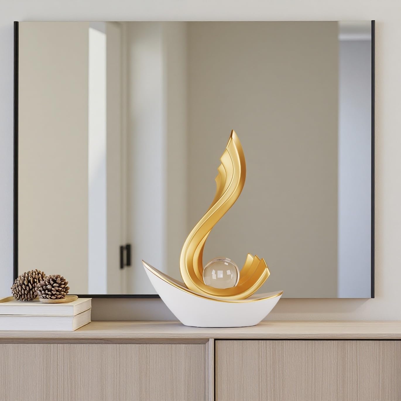 Gold Sailboat Sculpture with Crystal Ball- Modern Art Home/Office Decor for Shelf &Desk-Ideal Gift-9.37" H