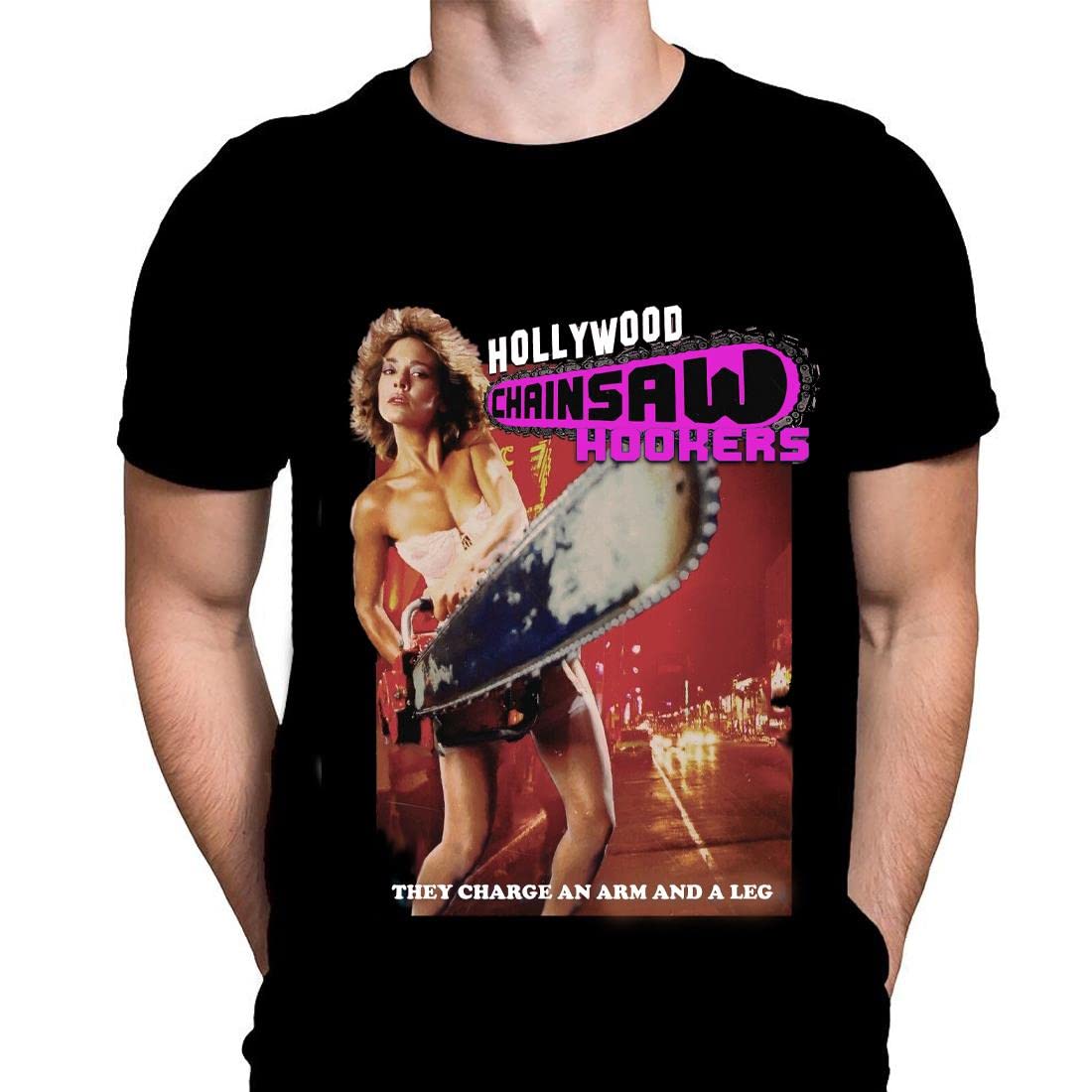 Hollywood Chainsaw Hookers Mens Tshirt Gothic Mysterious Movie Print, Black Graphic T-Shirt, Film Poster Tee