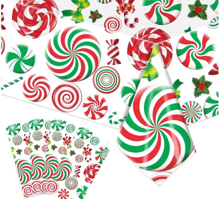 Christmas Tablecloths,4 Pack Plastic Waterproof Disposable Rectangle Table Cover Candy Lollipops Candy Canes Design for Holiday Winter Party Decorations(54x108 Inch)
