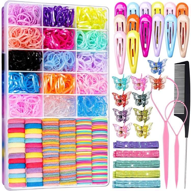 Image of Teenitor Hair Accessories for Girls, Colorful Elastic Hair Ties Set with Hair Clips, Glitter Bobby Pins and Butterfly Hair Clips, Small Hair Ties for Toddler, Baby, Kids