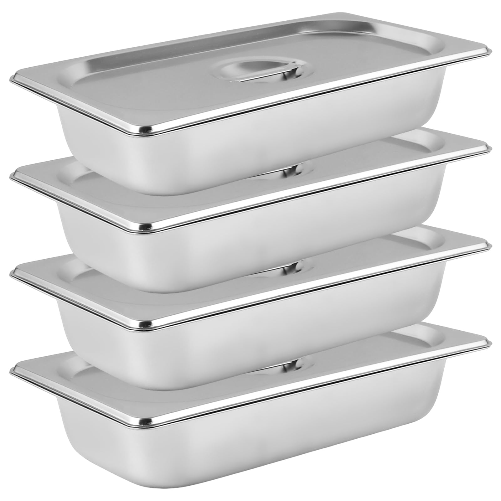 WOPPLXY 4 contenitori per gastro, 32,5 x 17,5 x 6,5 cm, in acciaio inox con coperchio, contenitore GN 1/3 per carne e pesce