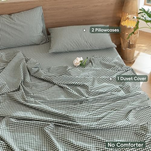 Image of MooMee Gingham Duvet Cover Set 100% Washed Cotton Linen Like Textured Breathable Durable Soft Comfy Modern Checkered Design (Mini Gingham Forest Green, Cal King 104 inchx98 inch)