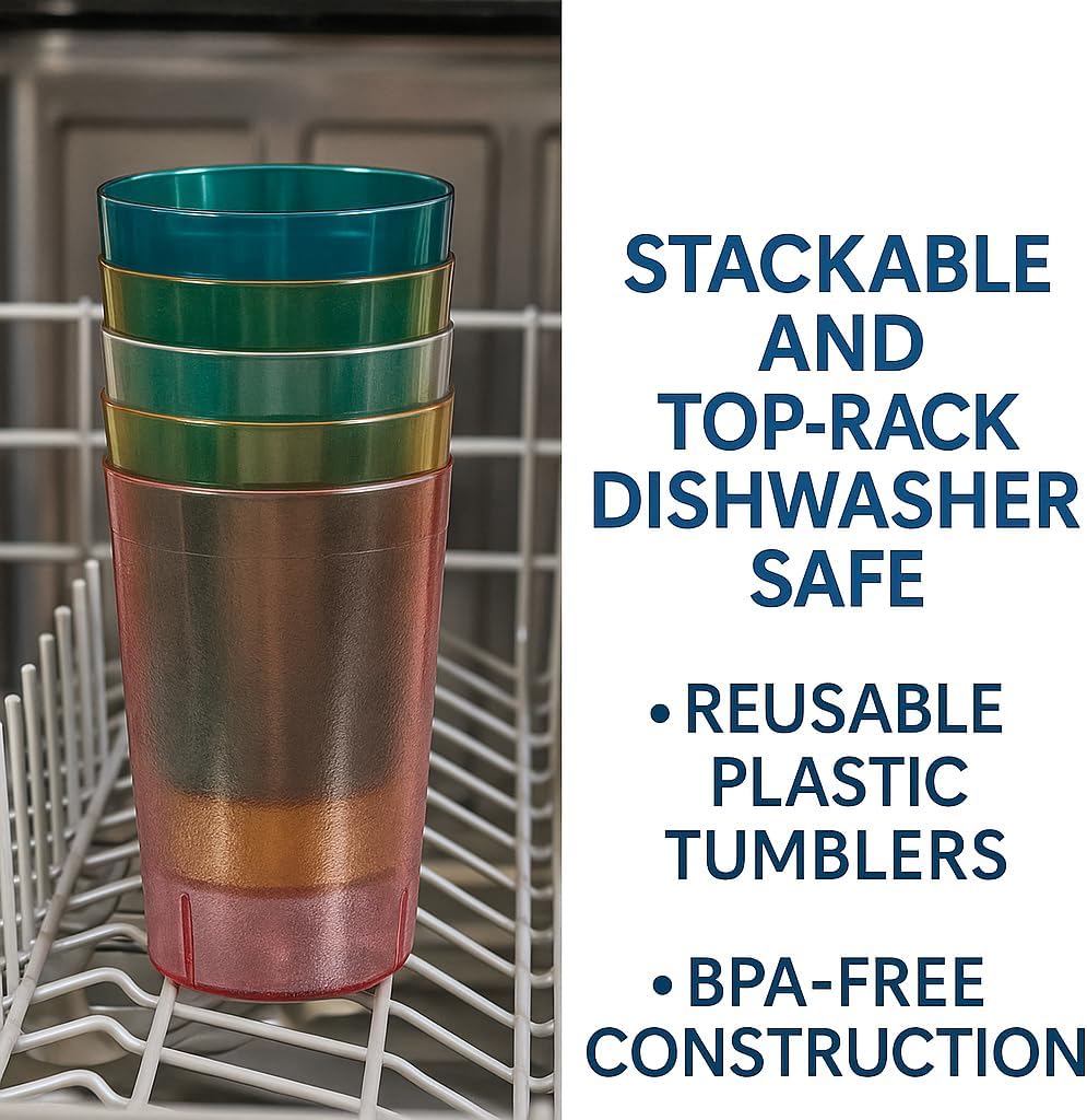 Oojami Set of 24 Plastic Tumblers, 20-Ounce Reusable Cups, BPA-Free & Shatterproof, Stackable Restaurant-Style Drinking Glasses for Water, Juice, and Everyday Use, Dishwasher Safe 20 oz image 3
