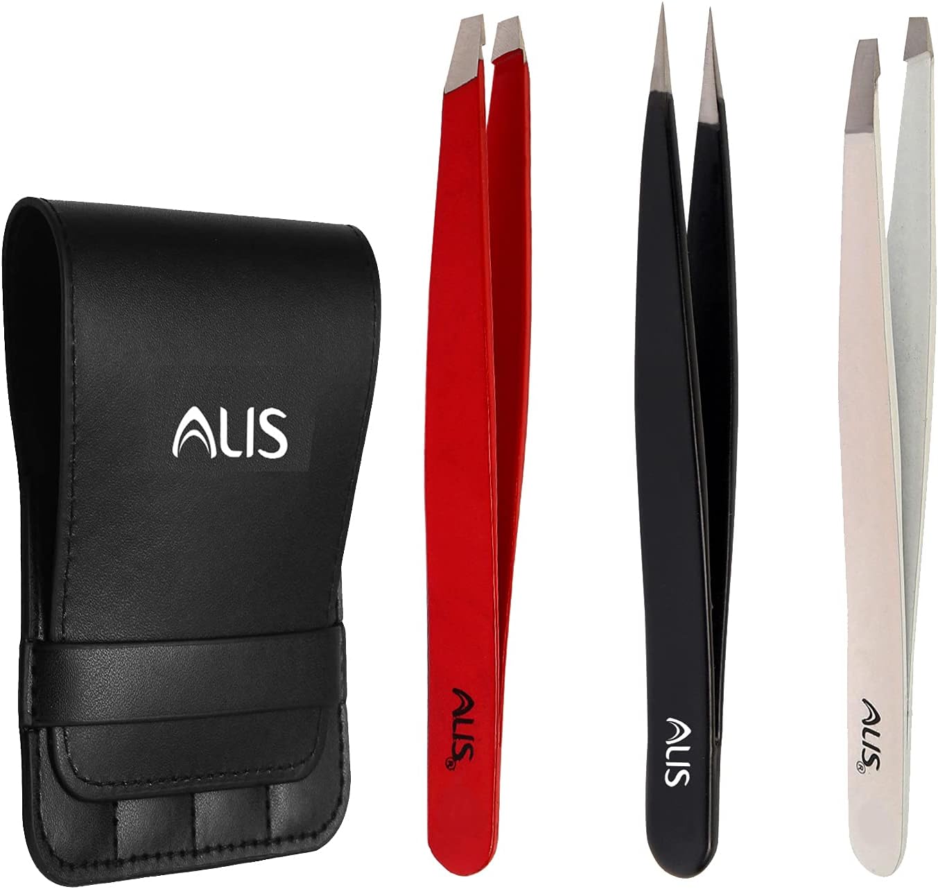 Alis Professional Tweezers Set of 3 For Facial Hair, Ingrown Hair, Splinter and Blackhead Remover Red, White, Black /1Set